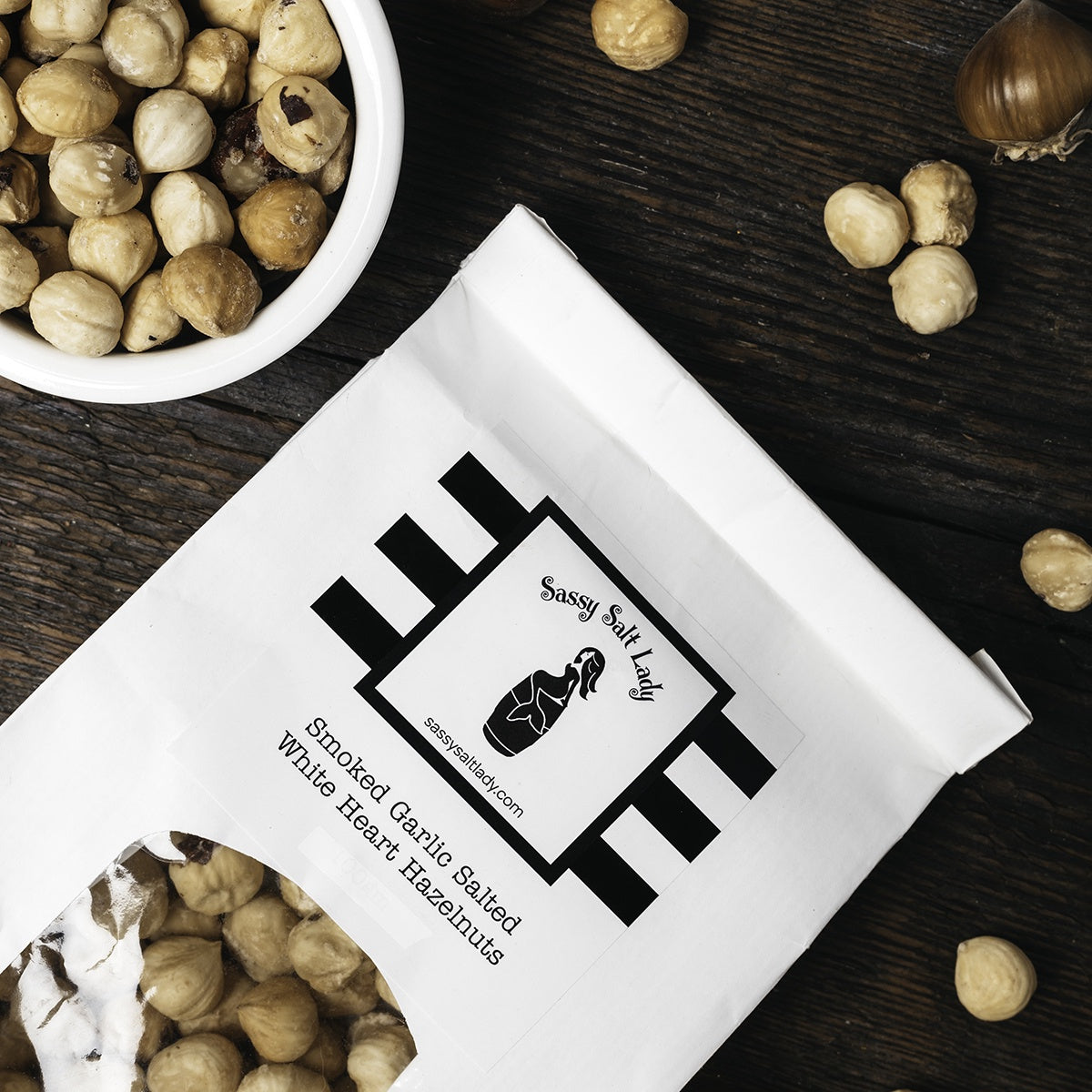 Smoked Garlic Salted Hazelnuts - snack from Sassy Salt Lady - Gets yours for $9! Shop now at The Riverside Pantry